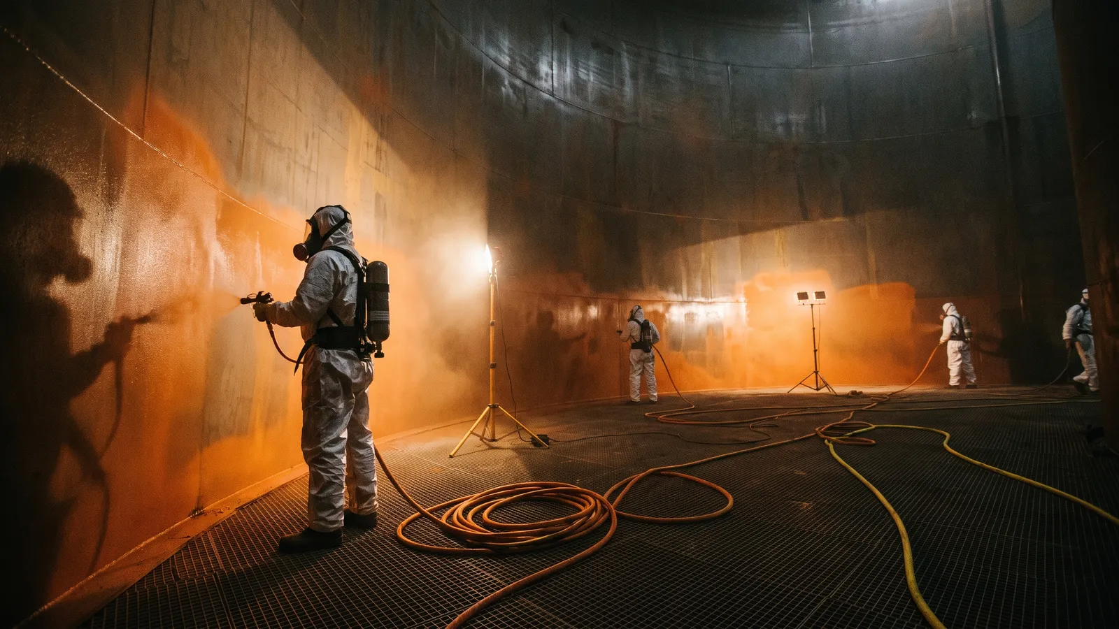 Industrial painters in protective suits spray-coating the interior of a large steel storage tank
