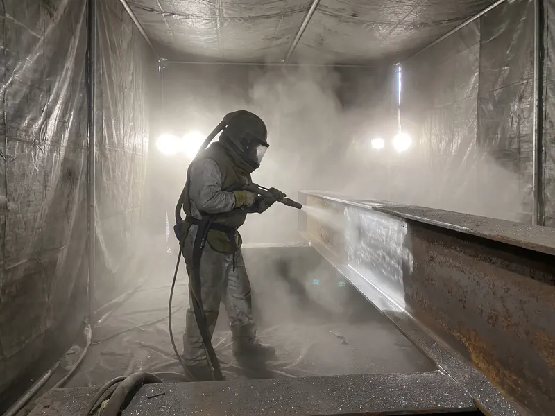Abrasive blasting of structural steel beams inside a containment enclosure