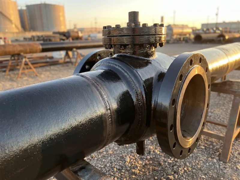 Newly coated steel pipeline section and valve assembly at an outdoor facility