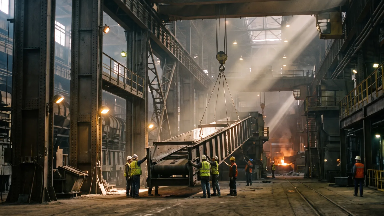 Millwright crew rigging a steel conveyor section with an overhead crane inside a plant