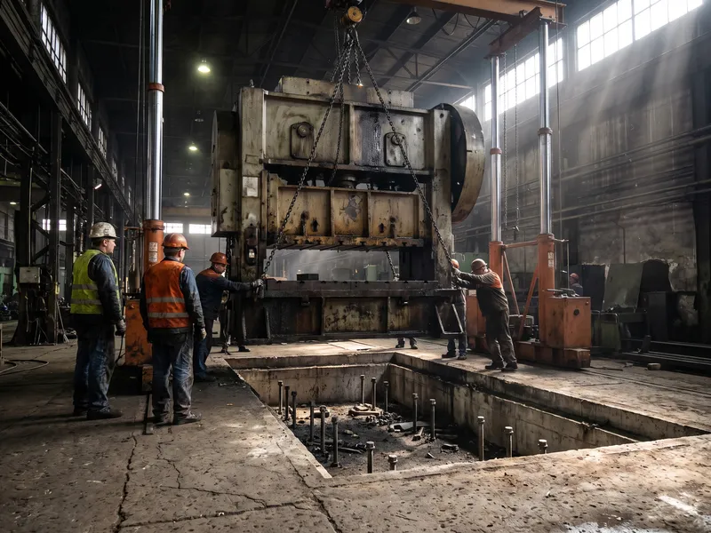 Large stamping press being lowered onto its foundation by a hydraulic gantry