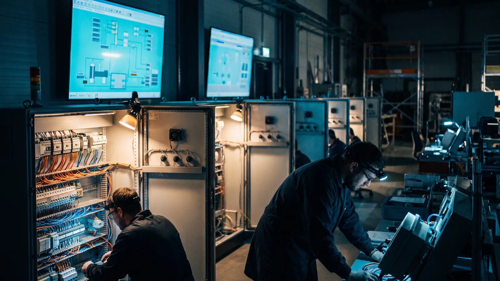Rows of open control panels with colour-coded wiring in an automation panel shop at night