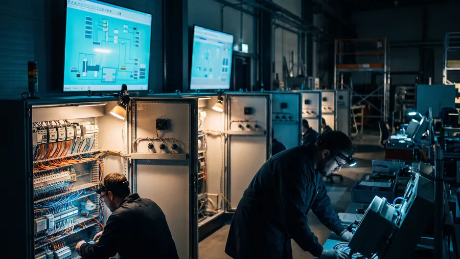 Rows of open control panels with colour-coded wiring in an automation panel shop at night