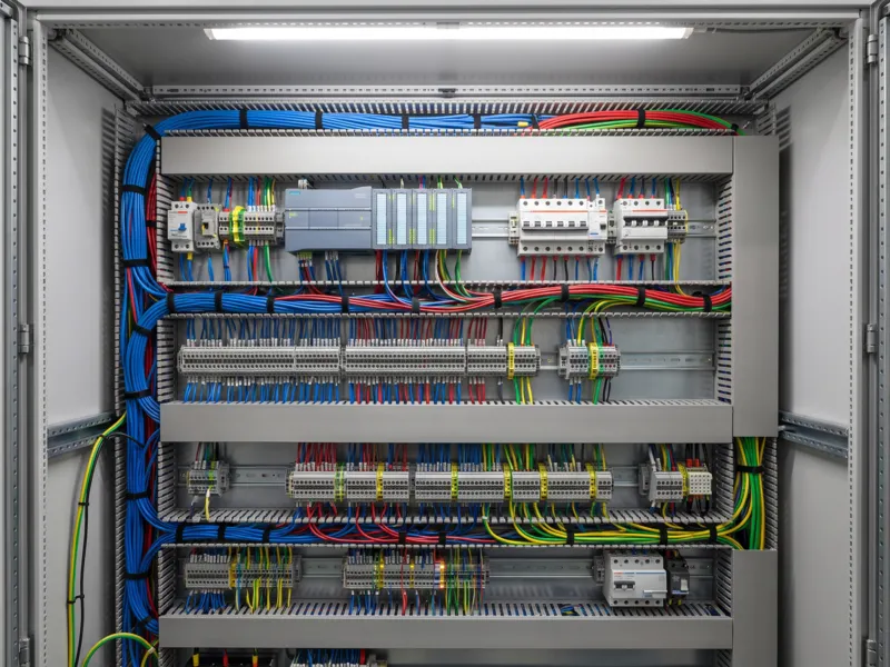 Interior of a control panel showing dressed wire harnesses, terminal blocks and PLC modules