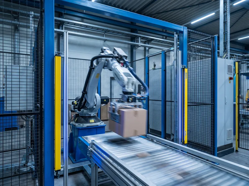 Articulated robot arm placing cartons on a conveyor inside safety fencing