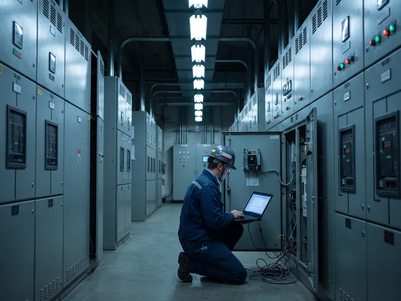 Technician with a laptop commissioning a motor control centre in a plant electrical room