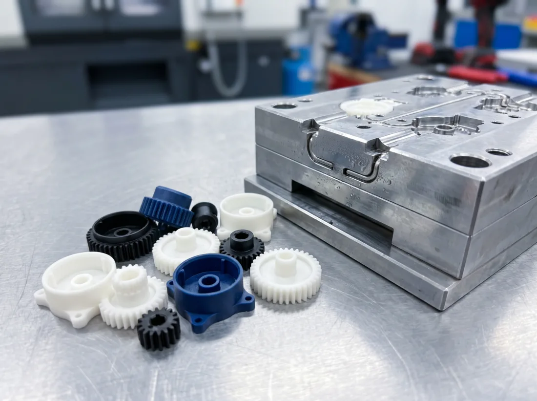 Freshly molded plastic components next to a steel injection mold