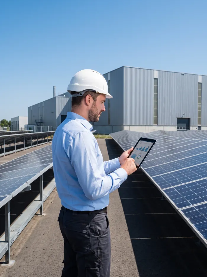 Energy engineer with a tablet beside ground-mounted solar panels