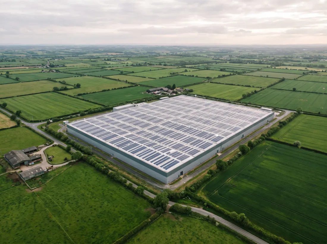 Rooftop solar array covering the roof of a manufacturing plant