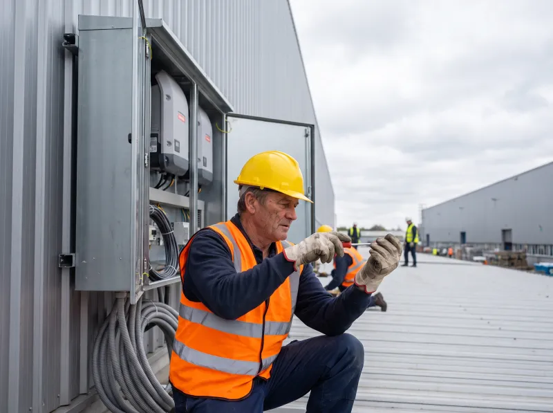 Electrician wiring solar inverters on a factory wall