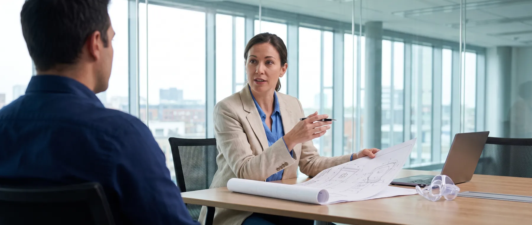 Engineer explaining a device drawing to a customer in a bright conference room