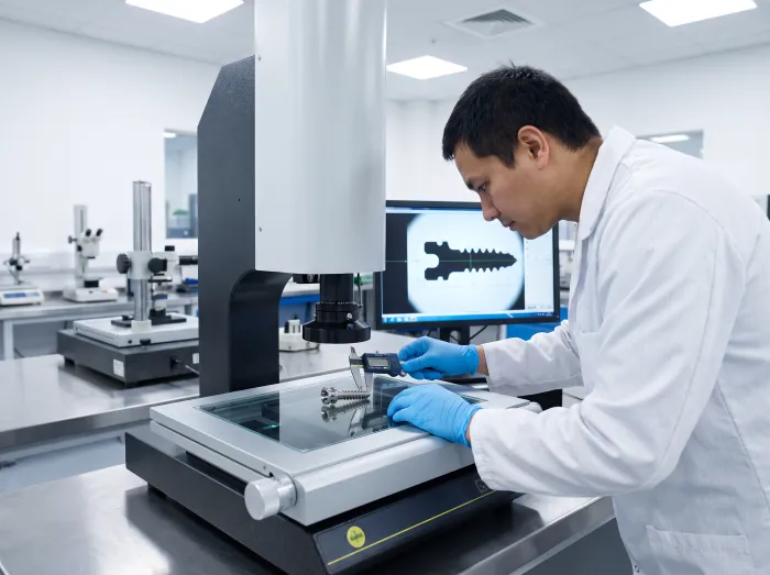 Inspector measuring a metal implant on an optical measuring system