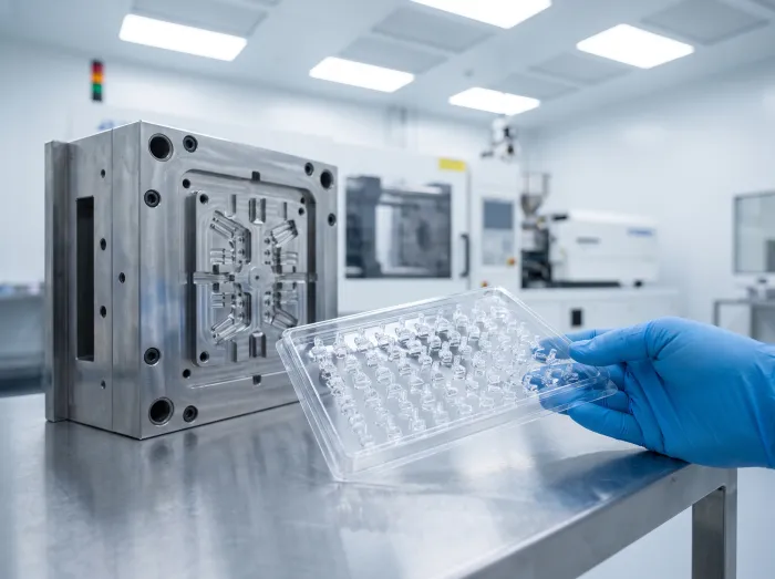 Tray of clear micro-molded medical components beside a mold