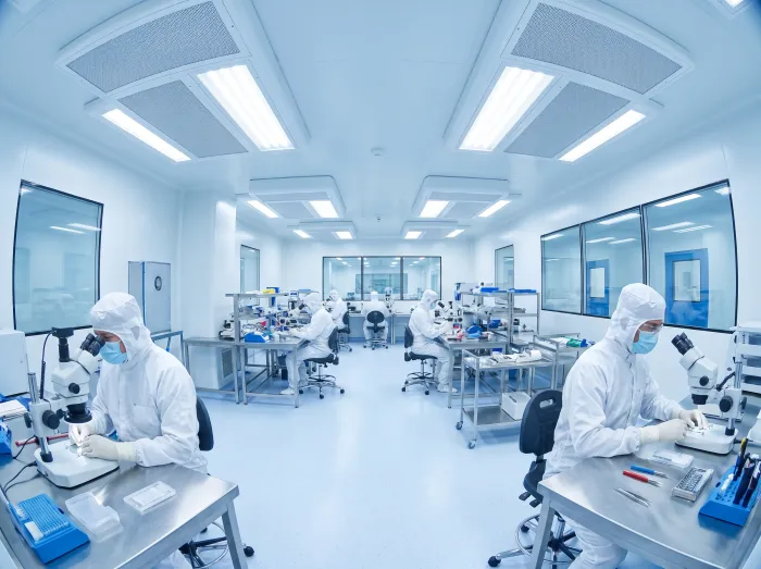 Technicians in gowns working at assembly benches in a cleanroom