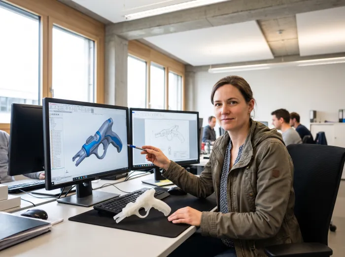 Engineer reviewing a CAD model of a handheld surgical instrument