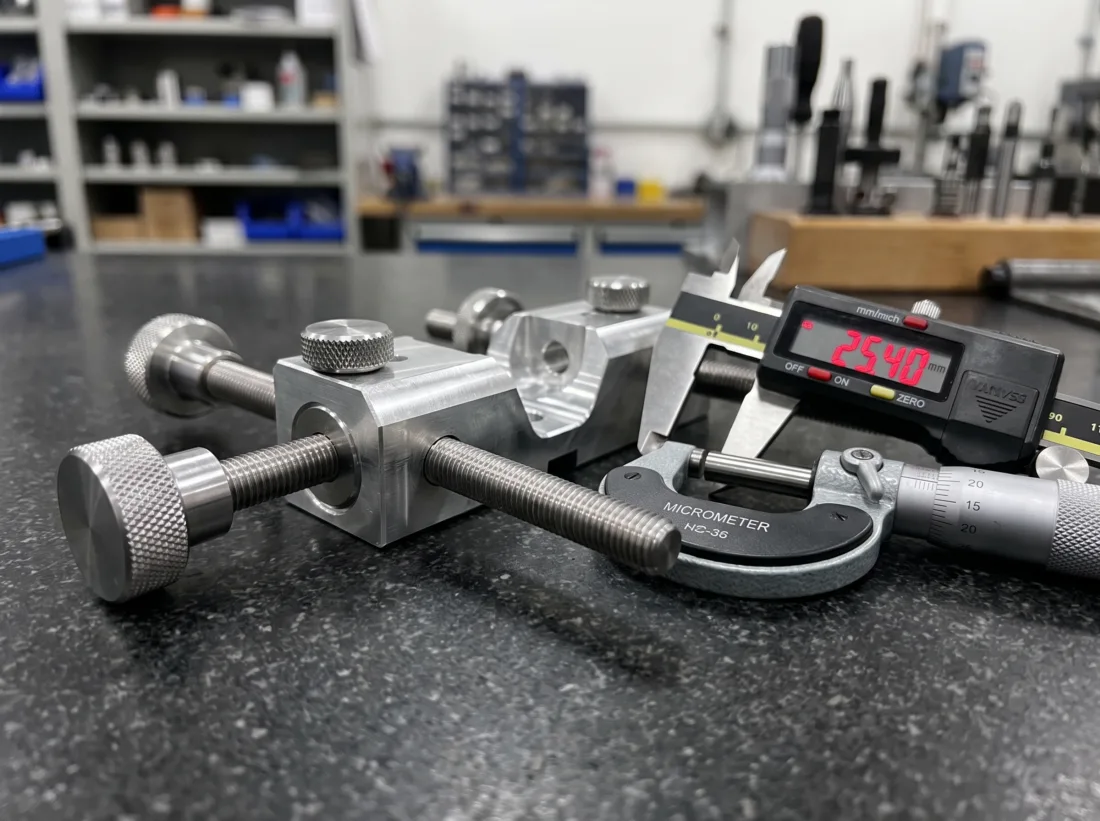 Machined aluminum and stainless parts on an inspection surface plate