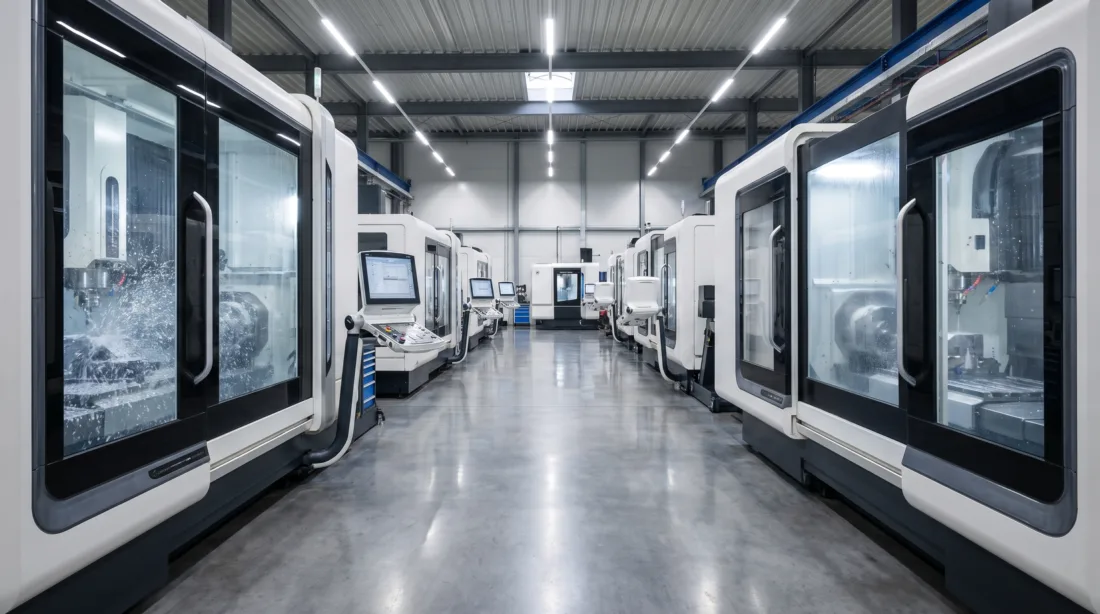 Rows of 5-axis CNC machining centers on a clean shop floor