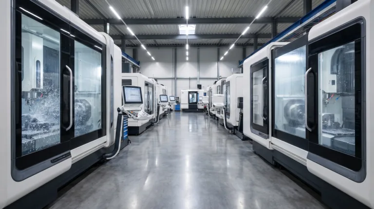 Rows of 5-axis CNC machining centers on a clean shop floor