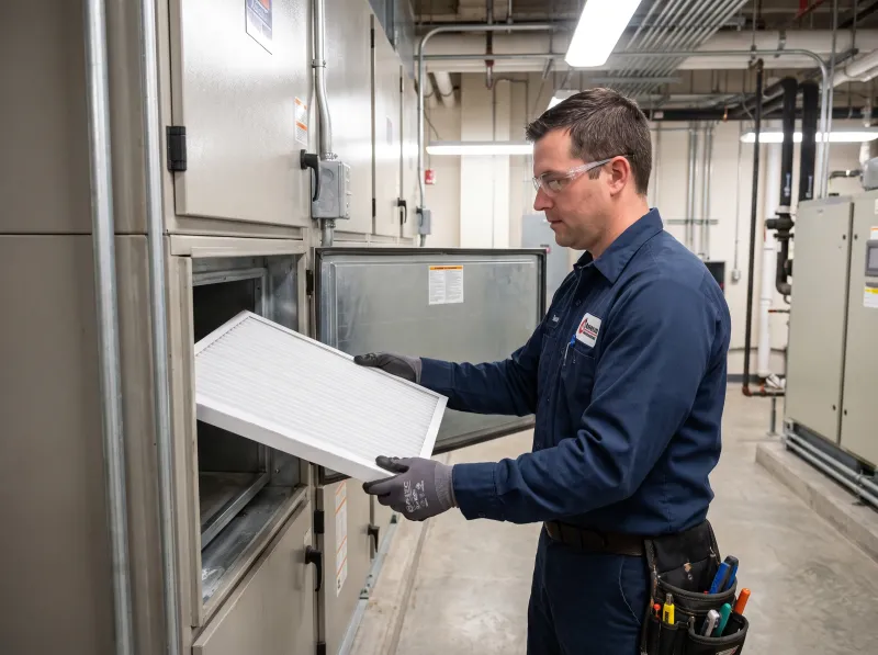 Maintenance technician replacing an HVAC filter in a mechanical room