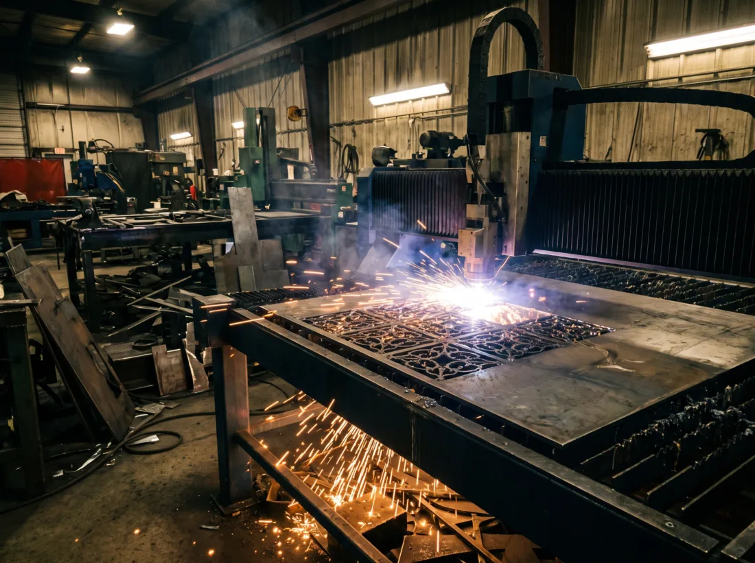 Fiber laser cutting a precise pattern in steel plate