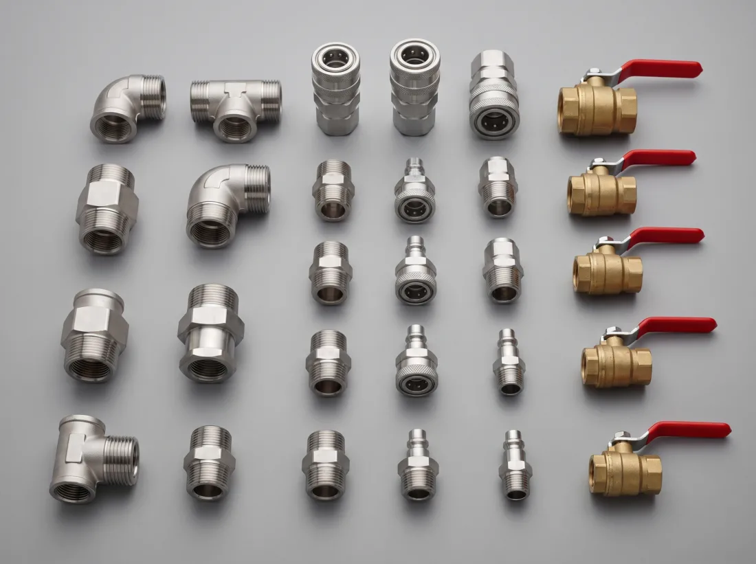 Assorted stainless steel fittings, couplings, and brass valves