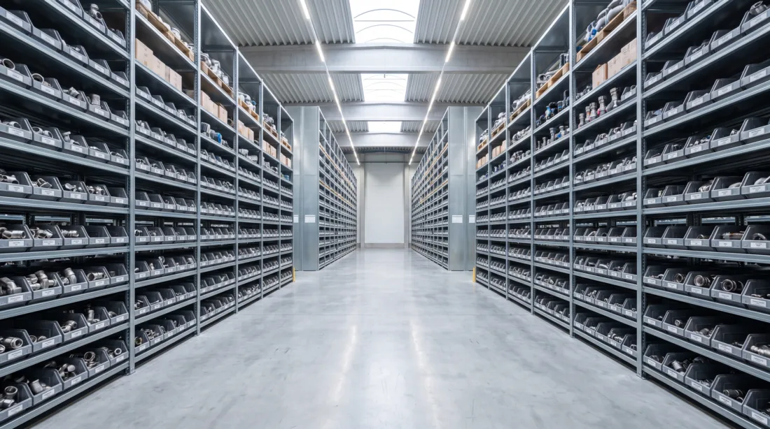 Organized warehouse shelving stocked with stainless fittings and valves