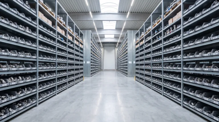 Warehouse shelving stocked with stainless fittings and valves
