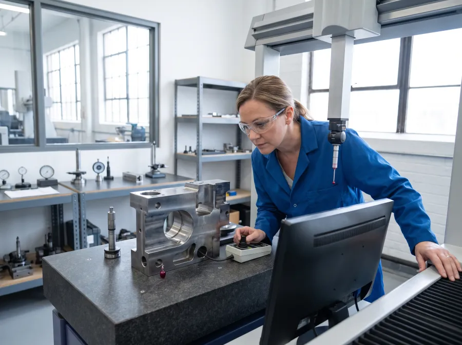 Quality engineer measuring a machined part on a coordinate measuring machine