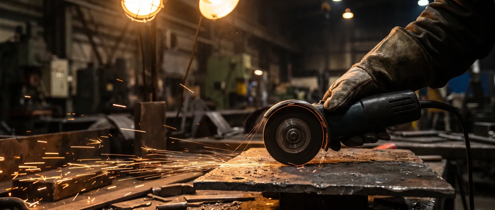 Gloved hand grinding a steel plate with sparks spraying across a fabrication bench