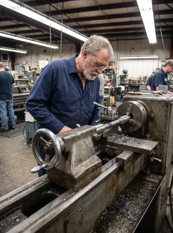 Veteran machinist in safety glasses running a large lathe