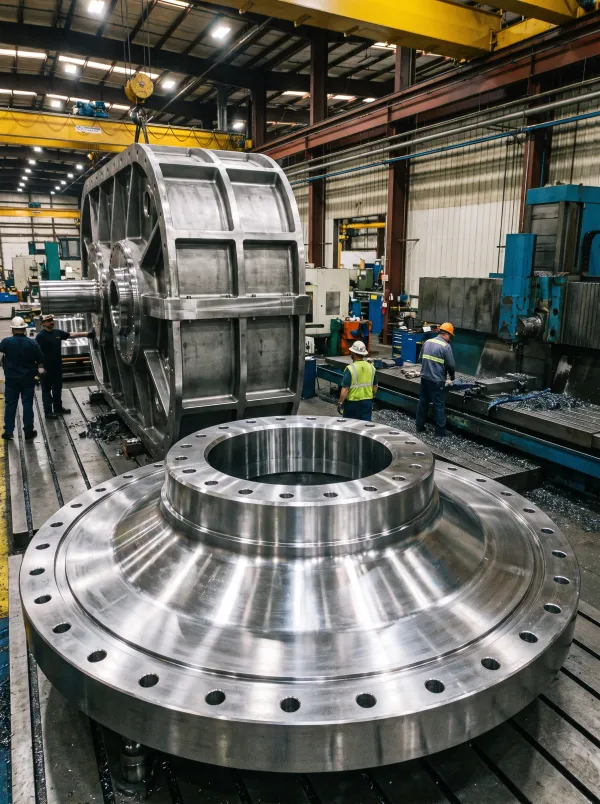 Large machined gearbox housing on a shop floor