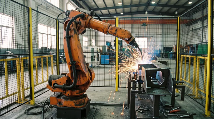 Orange robotic welding arm welding a steel assembly inside a fenced cell