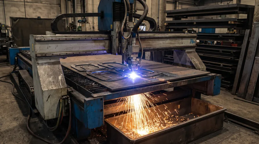 Fiber laser cutting thick steel plate with sparks under the head