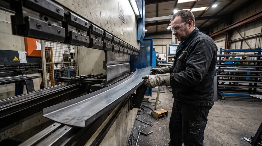 Operator bending a long steel panel on a CNC press brake