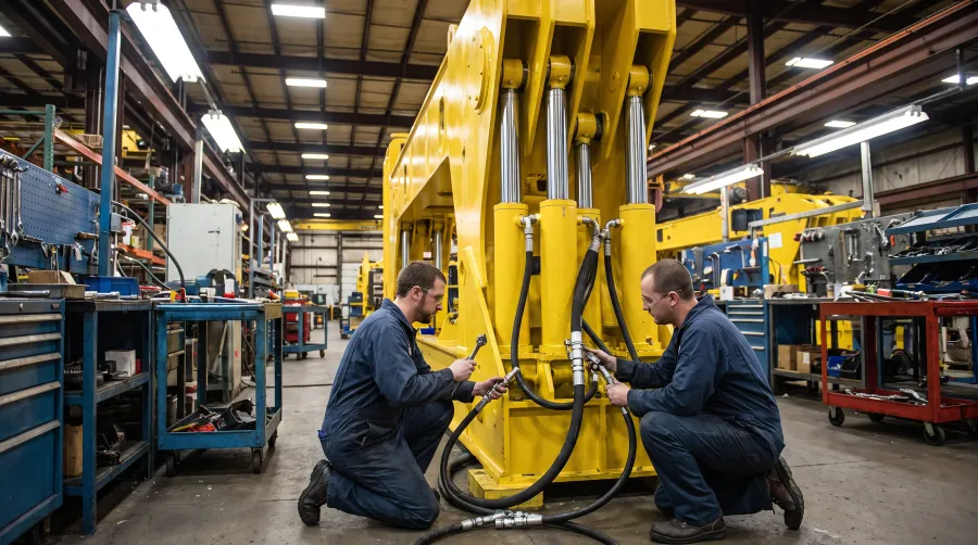 Technicians installing hydraulic hoses on a yellow machine subassembly