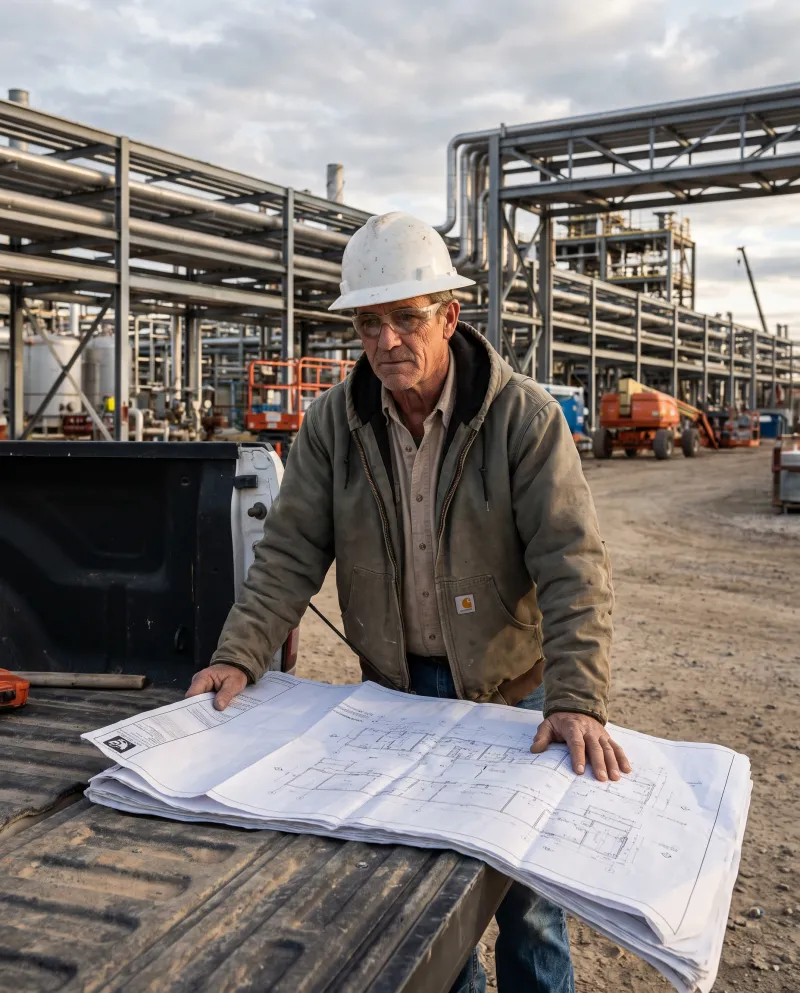 Foreman reviewing drawings on the tailgate of a truck at a plant