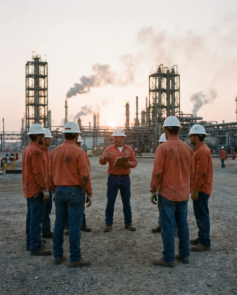 Crew in hard hats holding a safety meeting at an industrial site at dawn