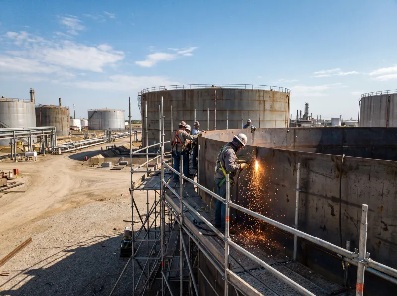Workers on scaffolding repairing the shell of a large storage tank