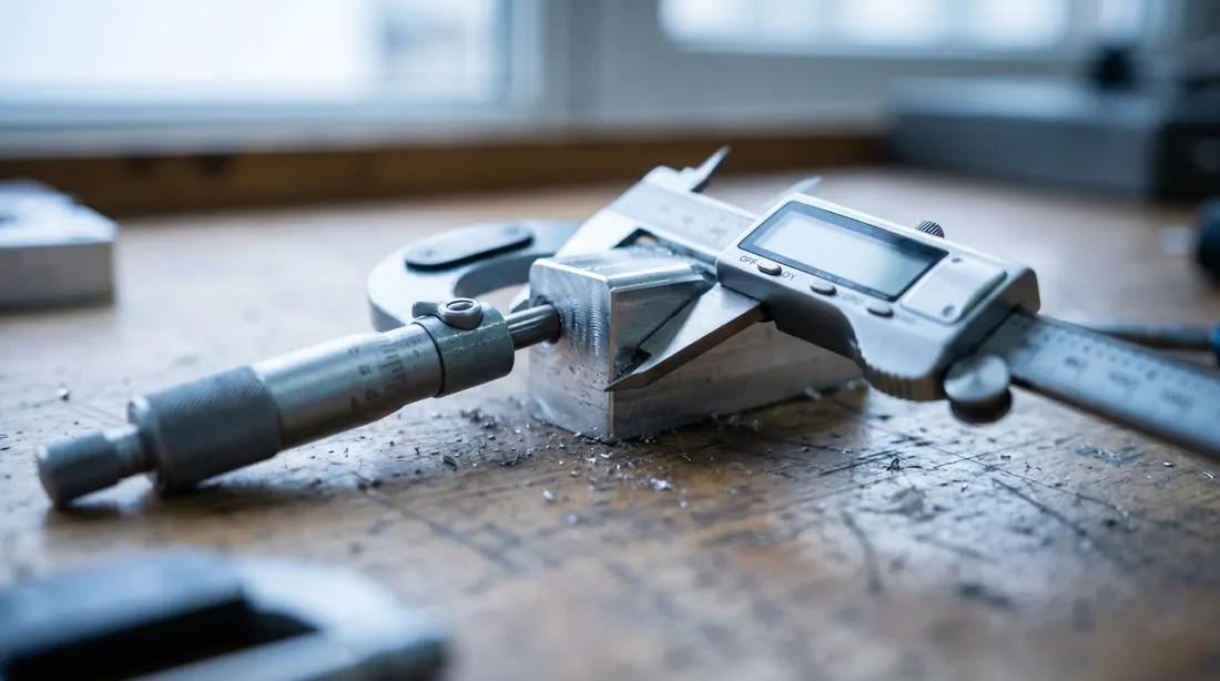 Digital caliper and micrometer measuring a machined aluminum part
