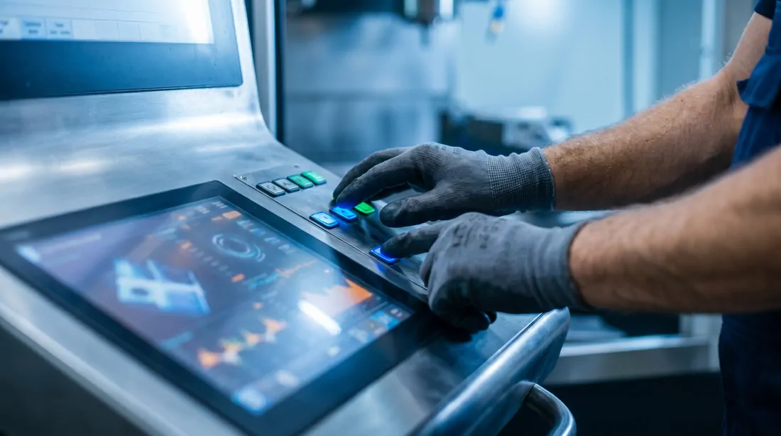 Machinist operating a CNC machine control panel