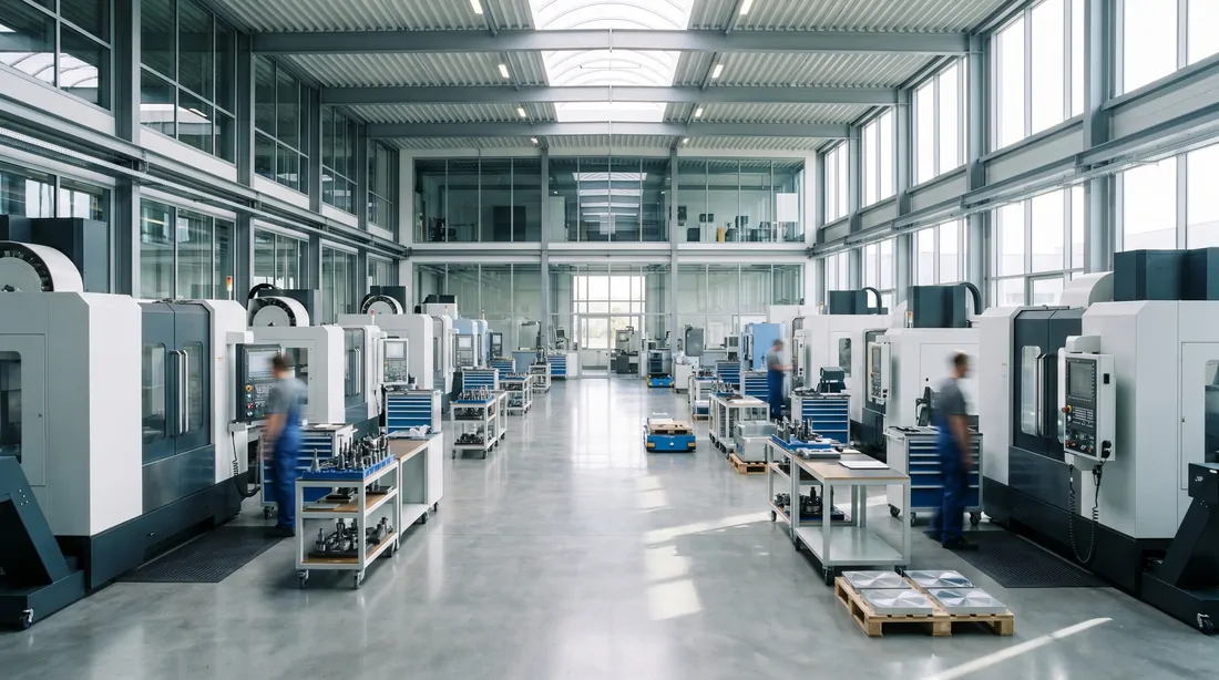 Clean modern manufacturing floor lined with CNC machines