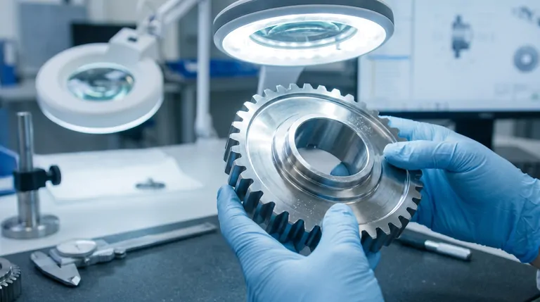 A machined gear inspected under a magnifier lamp at a quality-control station