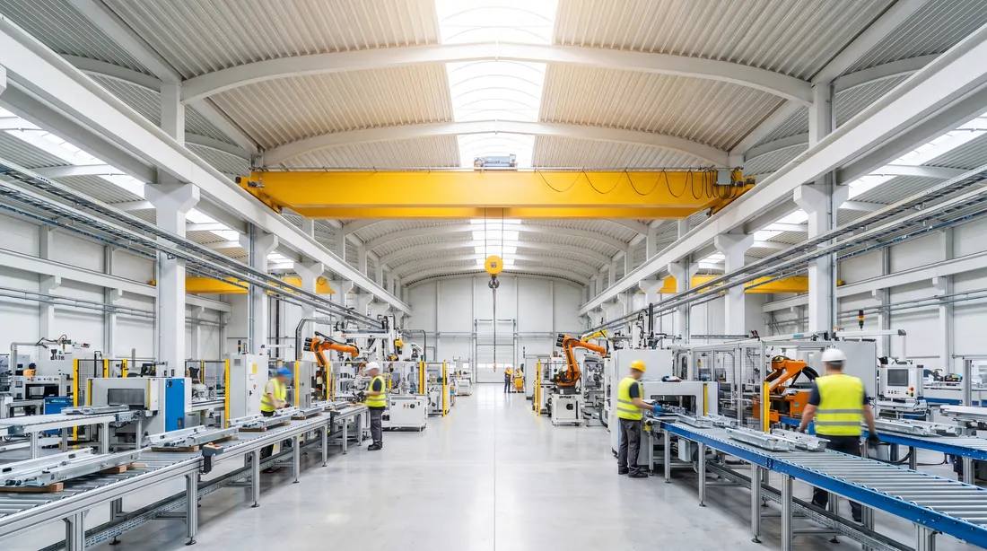 Wide interior of a modern manufacturing plant with an overhead crane