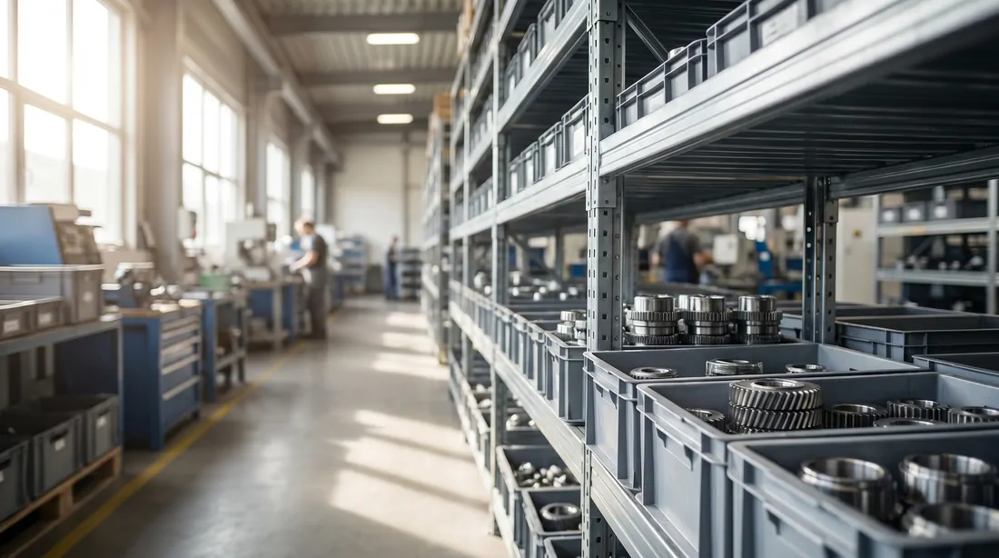 Machined metal parts organized in bins on warehouse shelving