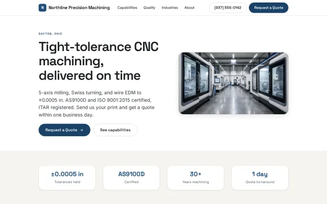 Home page of the Northline Precision Machining demo site