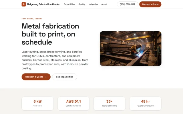 Home page of the Ridgeway Fabrication Works demo site