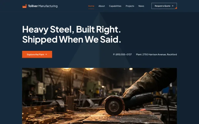 Home page of the Tolliver Manufacturing Co. demo site
